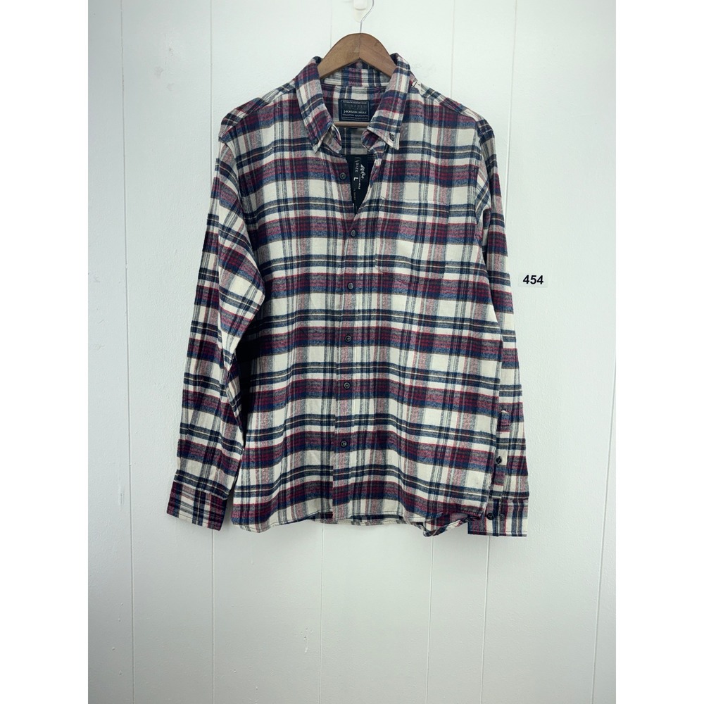 Jackson Hole Mens Flannel Shirt L Red White Blue Plaid Button Down Cotton Blend